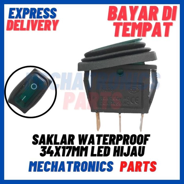 [SWI-9084] SAKLAR WATERPROOF 34X17MM LED ANTI AIR DEBU MINYAK KARET SILICONE HIJAU