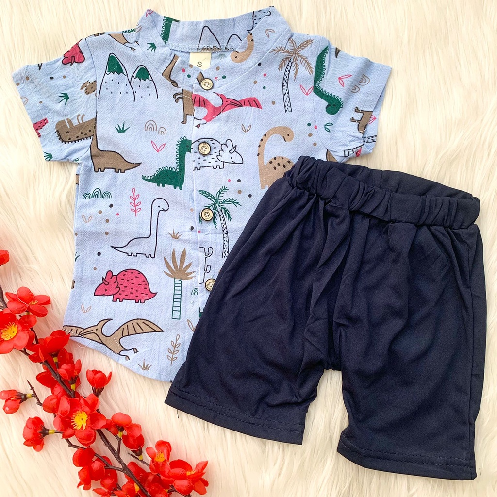 Baju setelan kemeja celana import lucu pergi jalan hangout fashion anak bayi cowok laki keren -imp jurassic