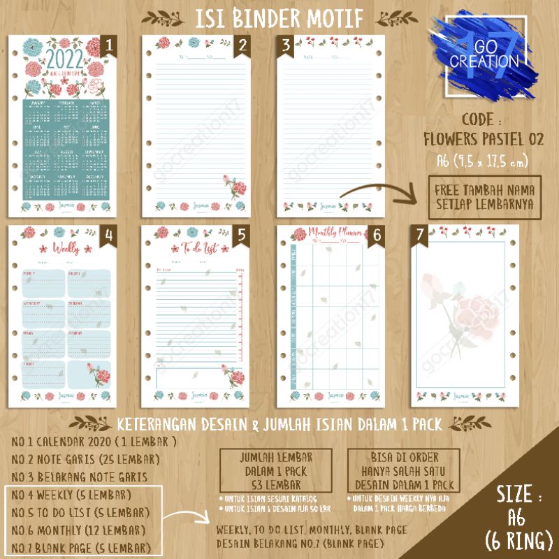 

Buku Planner isi Kertas Binder Motif Flowes Pastel 02 Premium A6 ring 6