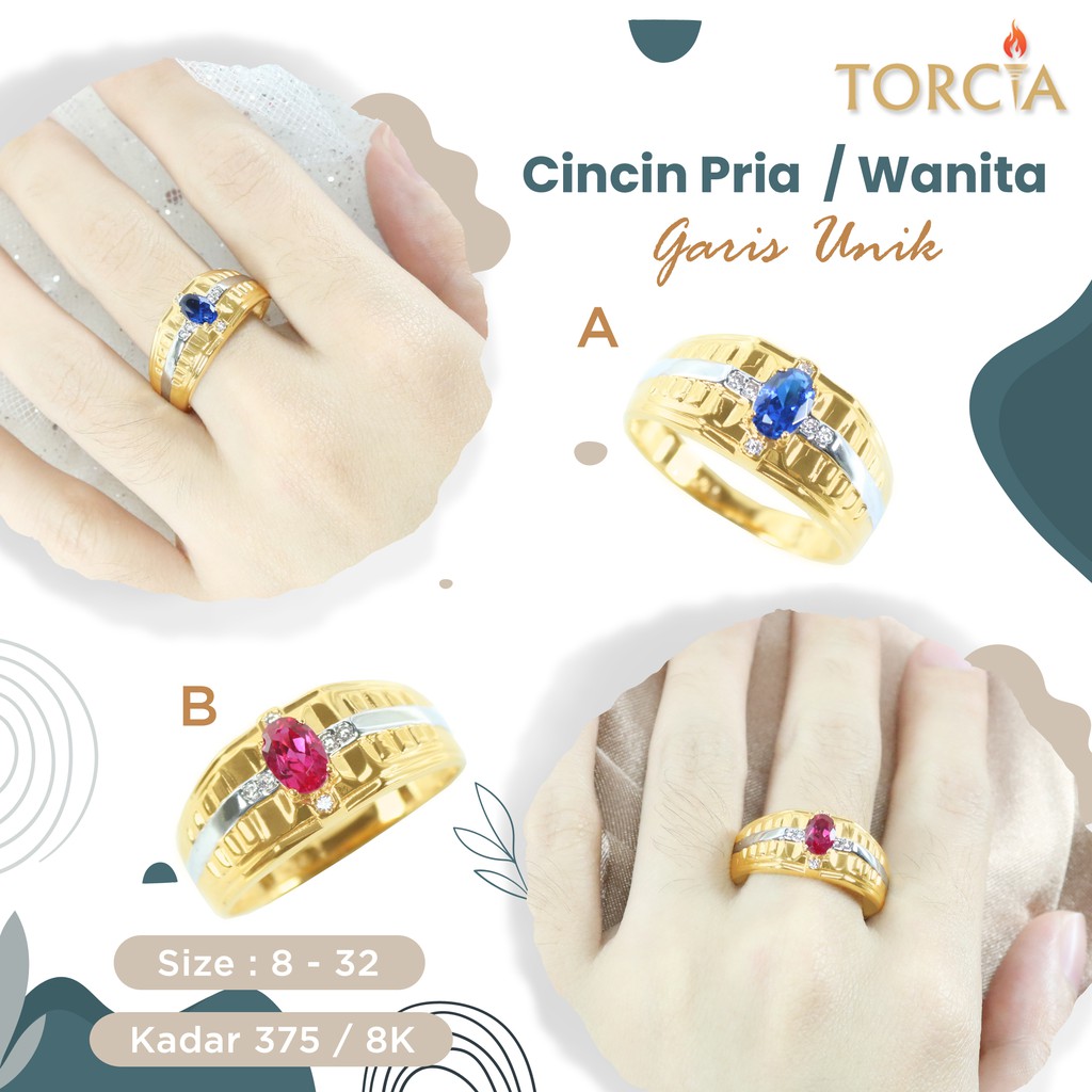 Cincin Pria / Wanita Emas Asli Garis Unik Kadar 375 Torcia