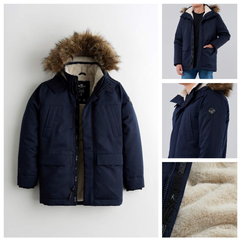 Jaket Winter Musim Dingin Hollister Faux Fur Lined Parka ORIGINAL Navy