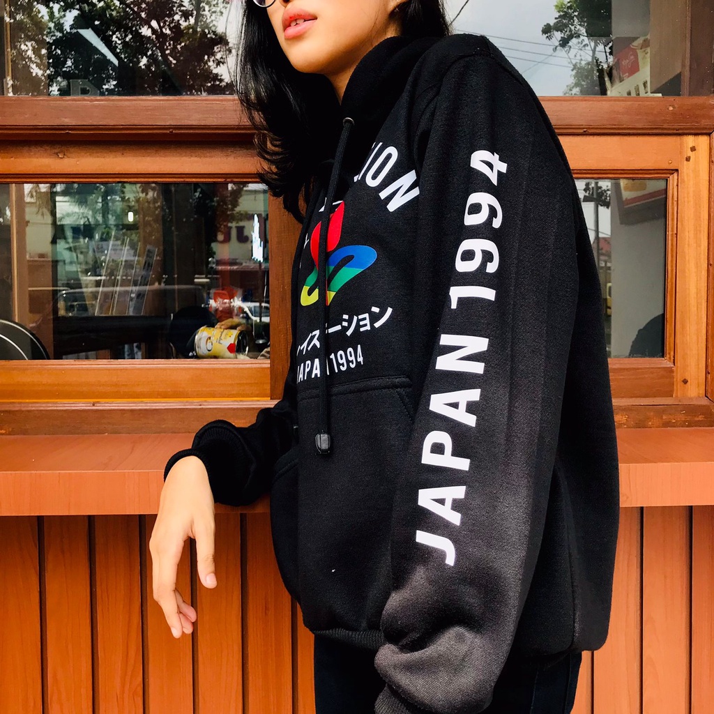 Sweater Hoodie PS Kanji Japan 1994 Black Playstation Gamer Sejati