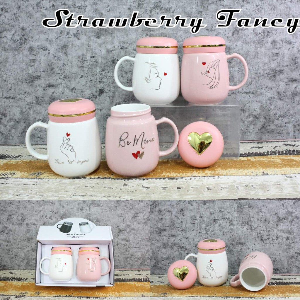 Mug Gelas  Keramik  Sepasang Motif Couple  Tutup Putar Set 