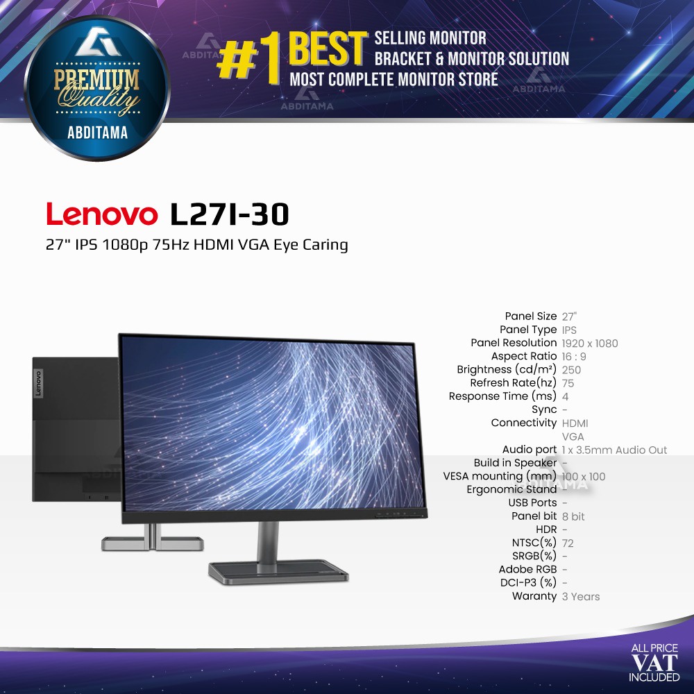 Monitor LED Lenovo L27I-30 27&quot; IPS 1080p 75Hz HDMI VGA Eye Caring