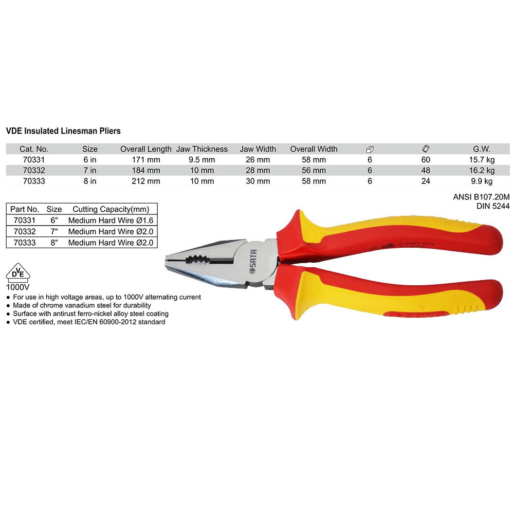 Tang 7 Inch VDE - VDE Diagonal Pliers  70332 SATA TOOLS