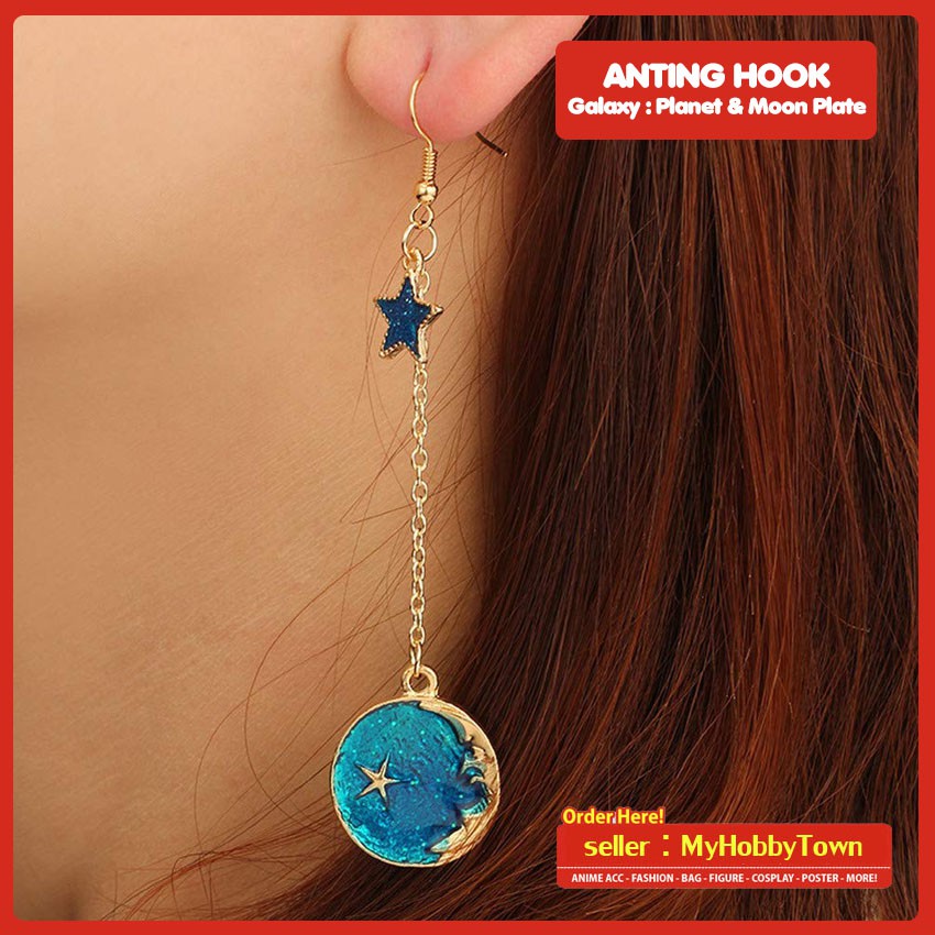 Anting Fashion Hook Earrings Galaxy Crescent Moon Plate Planet