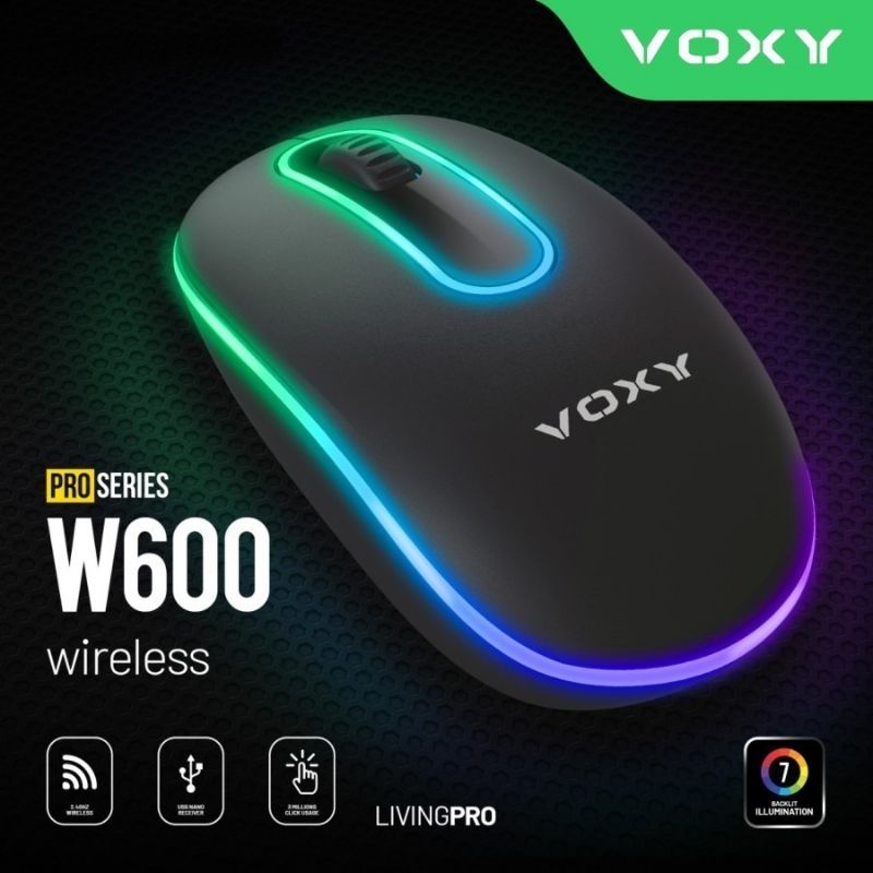 Mouse Wireless RGB Voxy W 600 Pro Series ( Tombol On Off) Free Battery Baterai