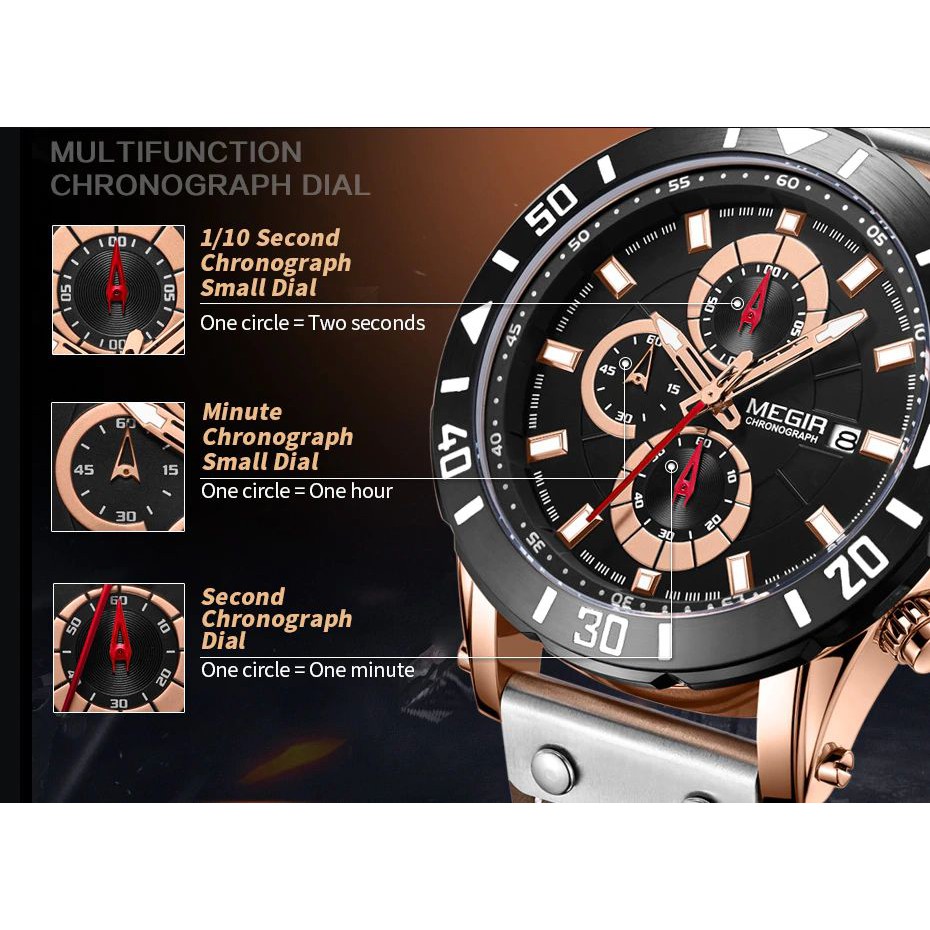 MEGIR 2081 Jam Tangan Pria Analog Chronograph Tali Kulit Luminous WATCHKITE WKOS