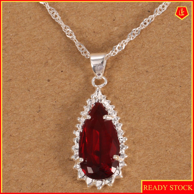 [Ready Stock]Inlaid Ruby Water Drop Pear-Shaped Pendant European and American S925 Silver Necklace