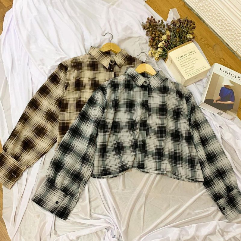 Kemeja wanita casual lengan balon /oversize shirt Tartan crop/kemeja crop kotak oversize-3