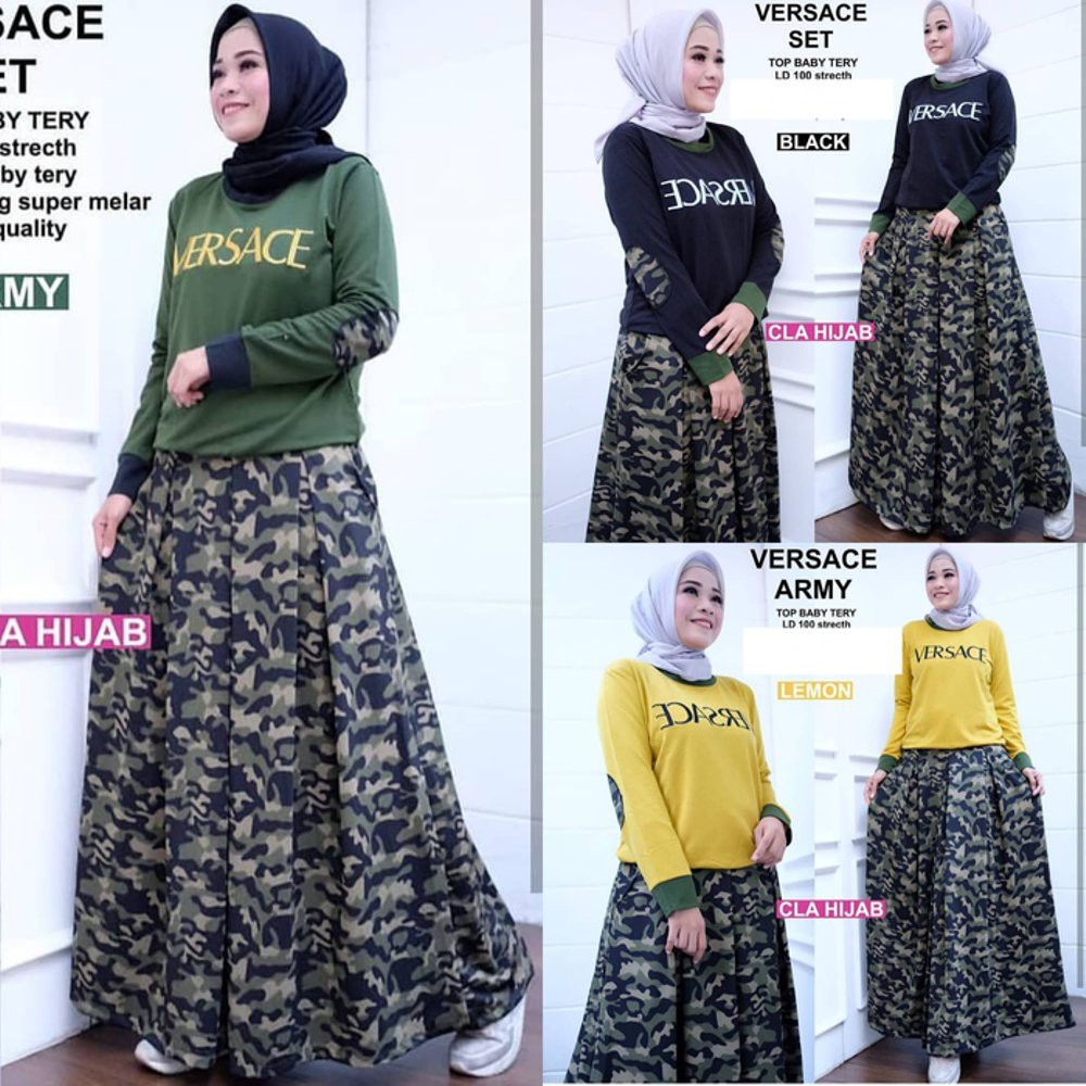 TERLARIS Jual Baju wanita army look   Setelan murah   Rok   kaos wanita  Versace set Murah muslimah