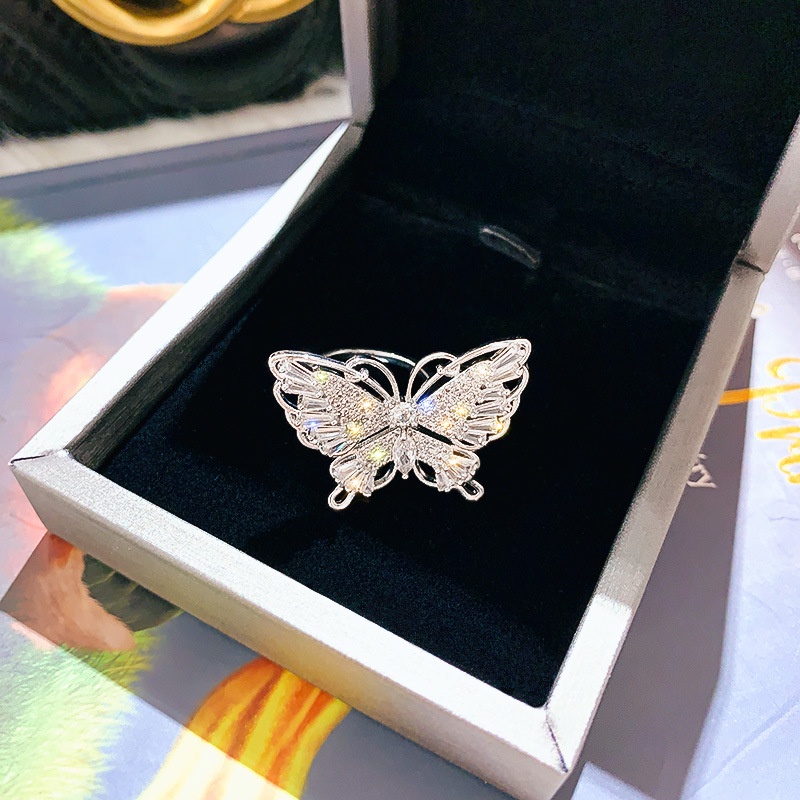 Cincin Jari Telunjuk Model Terbuka Desain Kupu-Kupu Aksen Zirkon Gaya Korea Untuk Wanita