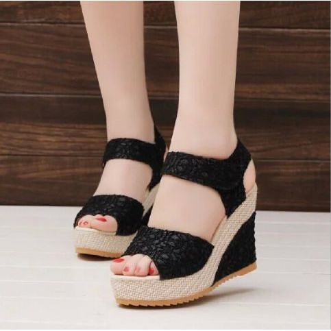 Promo - Sepatu Wedges Wanita Emory Landyna 2057New Wanita Murah Y GX772  Brukat On29 - Hitam, 40