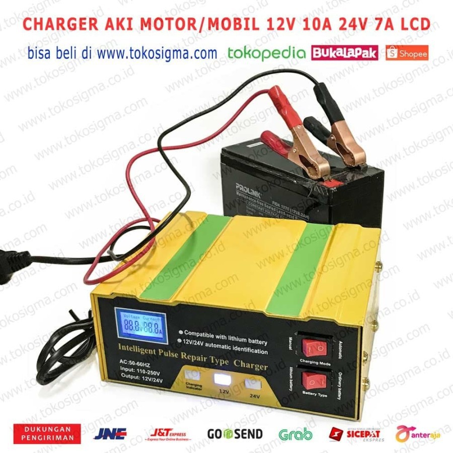 CHARGER AKI MOBIL CAS BATERAI KERING BASAH MOTOR 12V 10A 24V 7A LCD