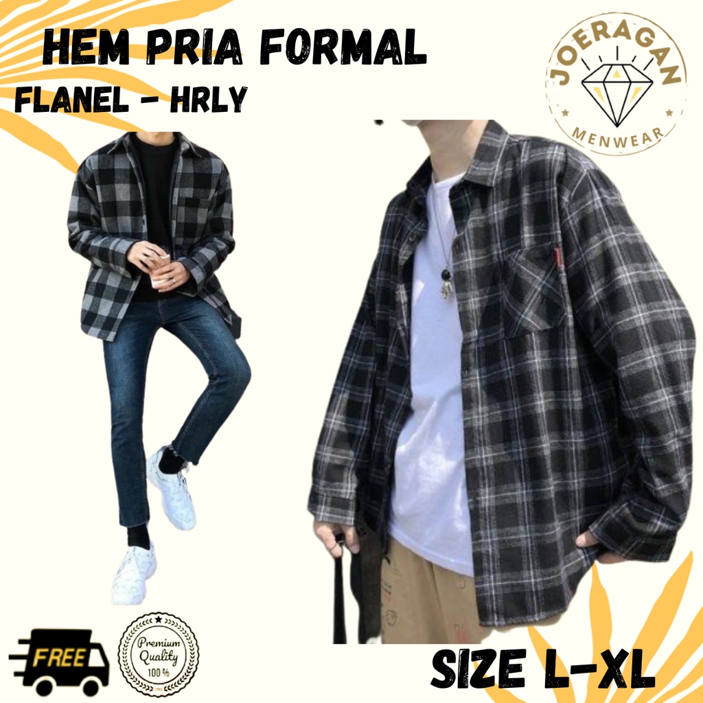 Kemeja Flanel Cowok HRLY Salur Halus ukuran L-XL / Hem Kerja Kantor Formal Pria / Baju Lengan PANJAN