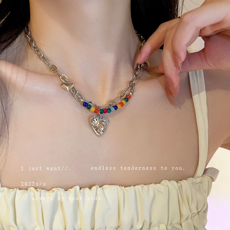 YEEZII Kalung Rantai Choker Liontin Manik-Manik Hati Warna-Warni Untuk Wanita