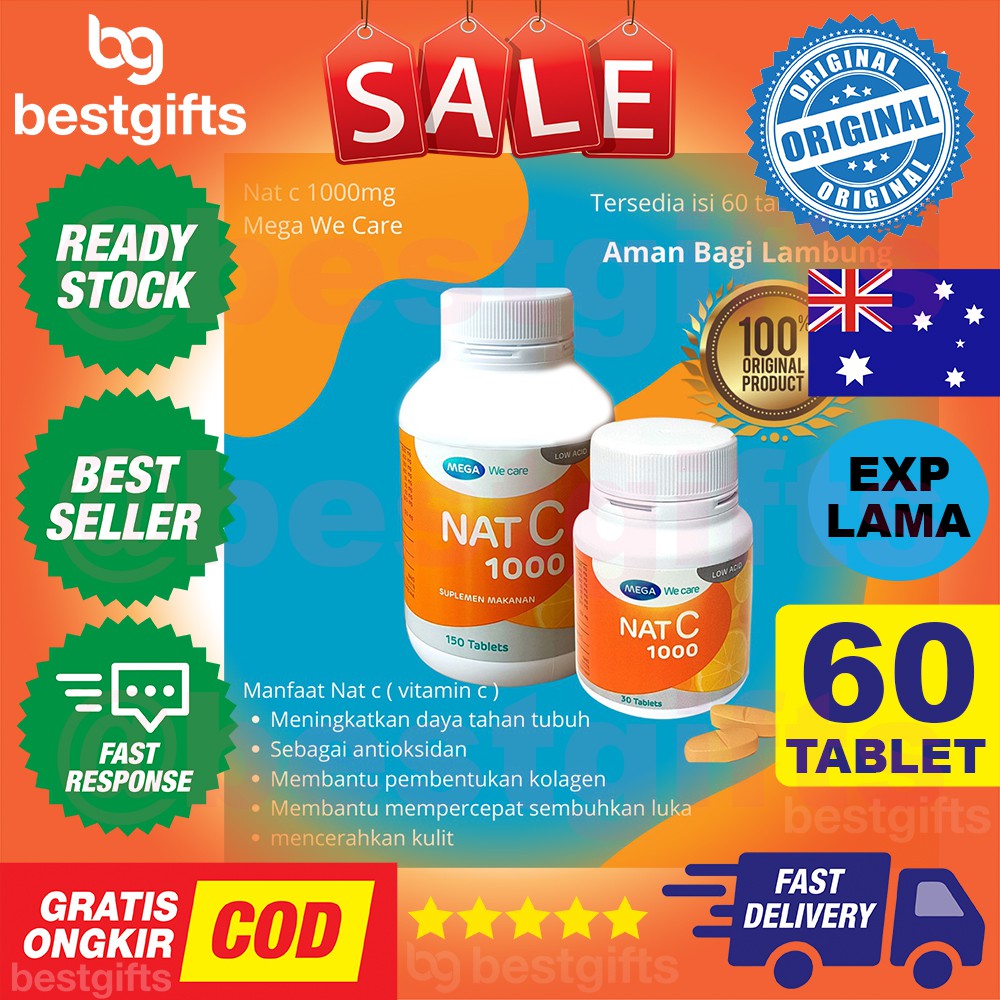 MEGA WE CARE NAT C VITAMIN VIT C 1000 MG KEKEBALAN DAYA TAHAN IMUN TUBUH AMAN DI LAMBUNG 60 TABLET