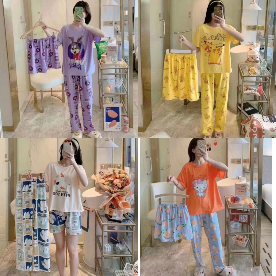 BAJU TIDUR REMAJA ABG KAOS OBLONG 3IN1 SET HOTPANTS ALL SIZE NEW MOTIF