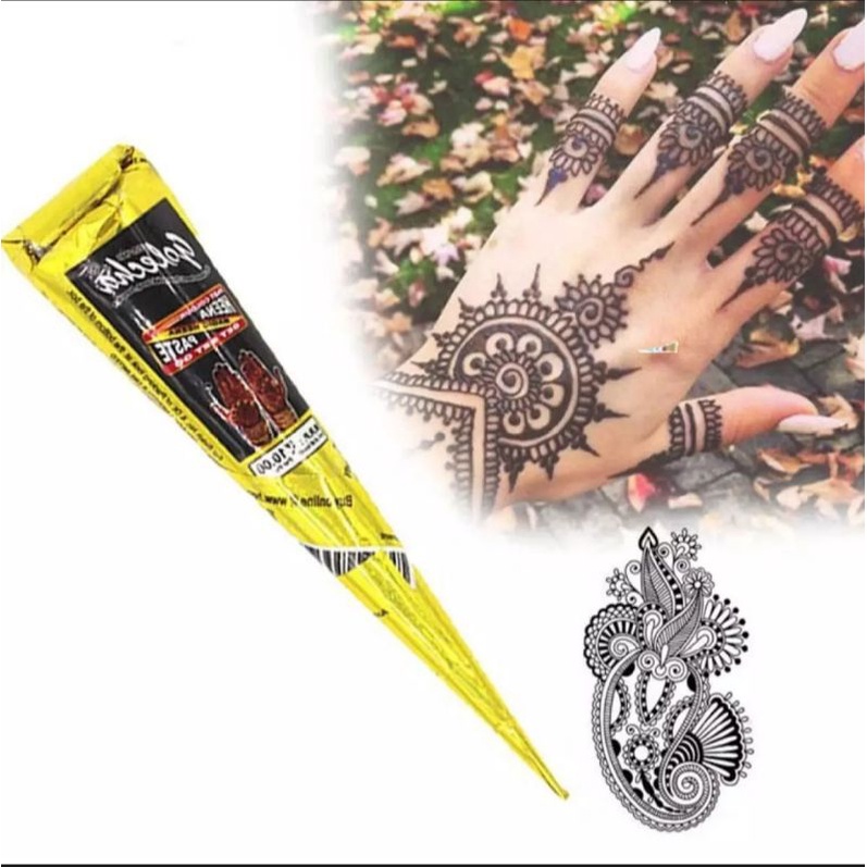 Paket Henna Tangan Golecha 3 Warna &amp; Cetakan Henna Random Motif &amp; Bentuk