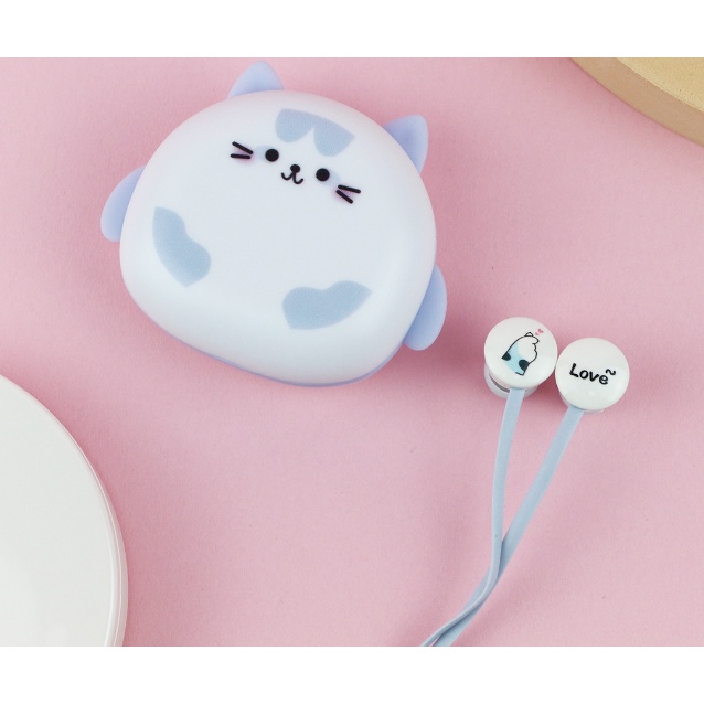 [KIKI-336] Set Headset Earphone Kartun CAT MEOW / Wadah Earphone Karakter KUCING MIAW Lucu / Tempat Penyimpanan Earphone Gambar Kucing