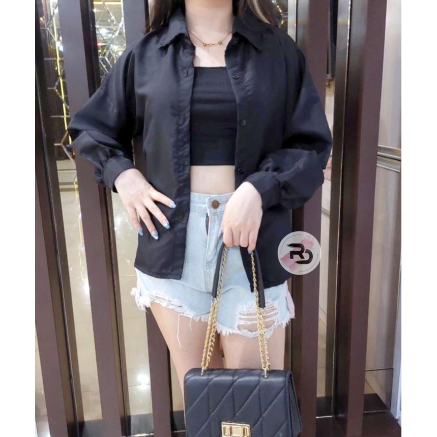 RD FASHION Kemeja Oslin Oversize | Kemeja Korea Jumbo Wanita | Bahan Creap - Fit to L-POLOS HITAM