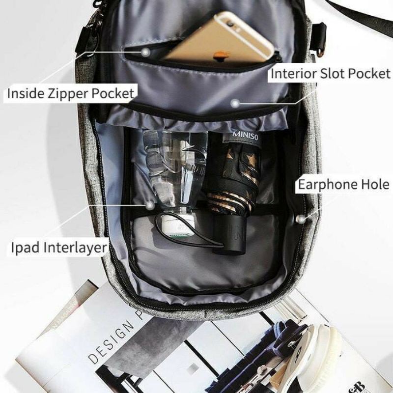 Sling Bag Impor Pria Laki Tas Slempang Selempang Cowo Cowok Travel Ori USB Charging Cordura - FAS-237