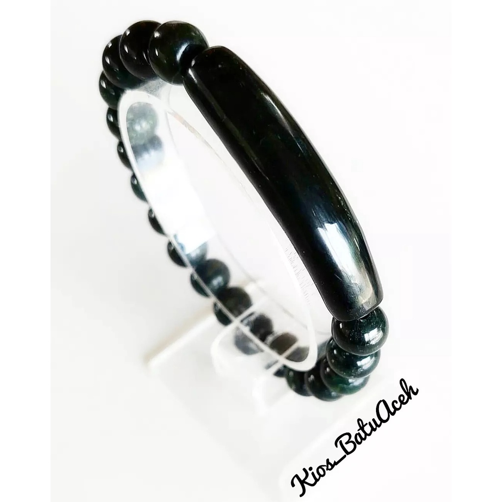 Gelang Giok Pria Wanita Batu Black Jade Asli Aceh Bulat Kombinasi Plat Slim