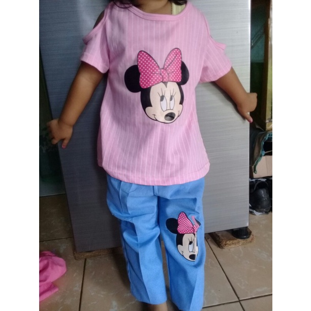 VISION ONLINE-SETELAN BAJU SABRINA KAOS ANAK PEREMPUAN STRIPY MINNIE PINKY 1 2 3 4 TAHUN MURAH KOREA