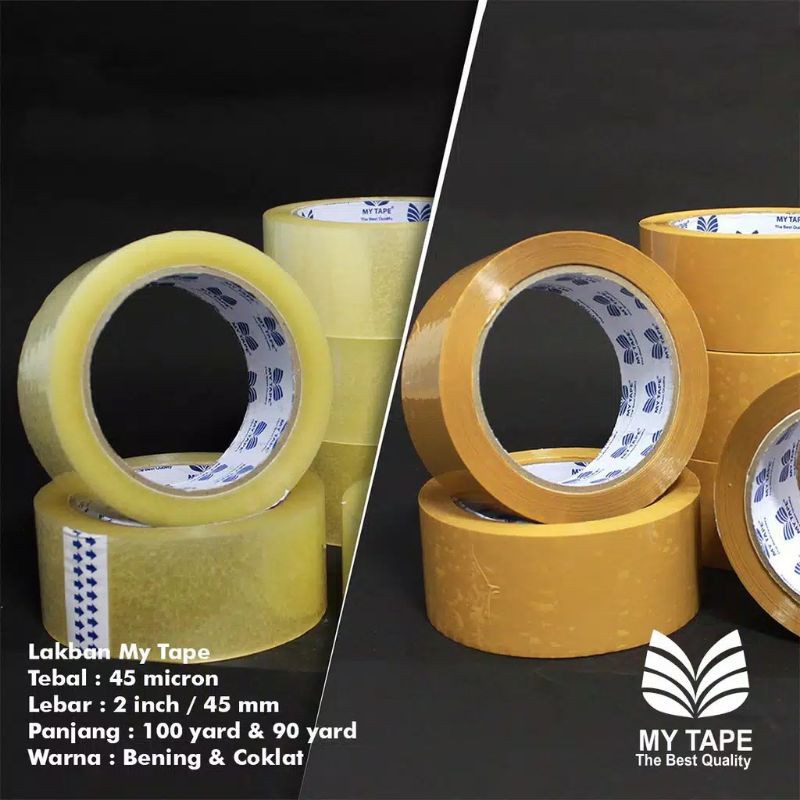

Lakban Tape Isolasi Plester Perekat Paket Warna Coklat Bening 2 inch 45 mm 100 yard My Tape