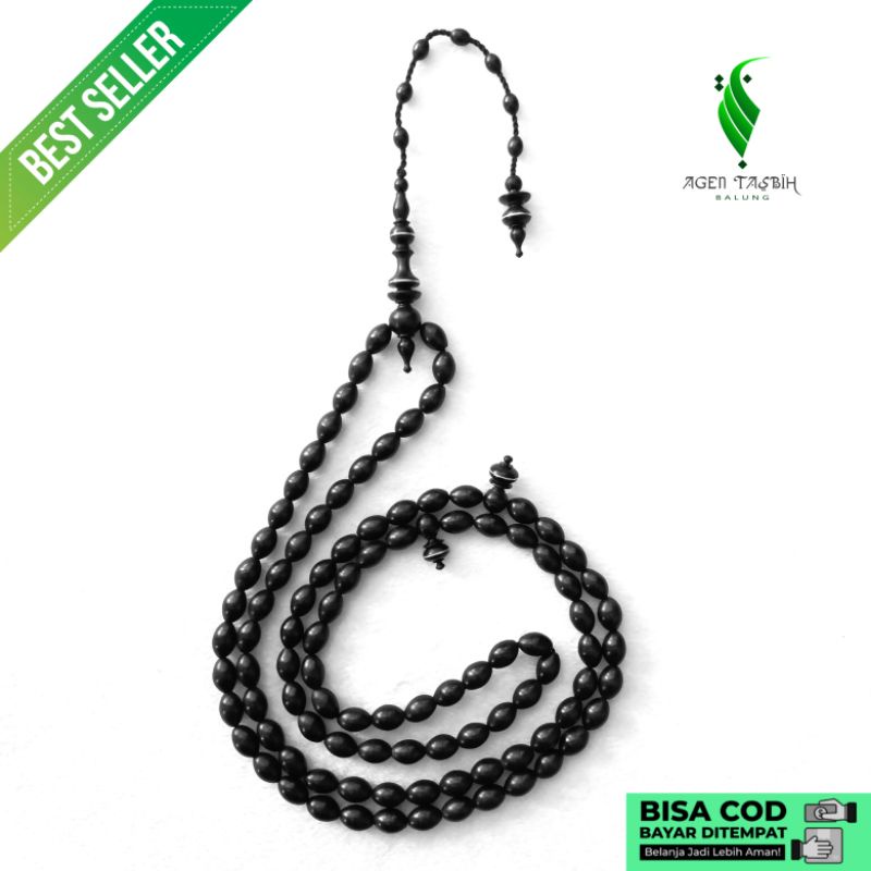 Tasbih Kayu Galih Kelor Hitam Super Motif Oval, Tasbih Muslim Antik 99 Butir