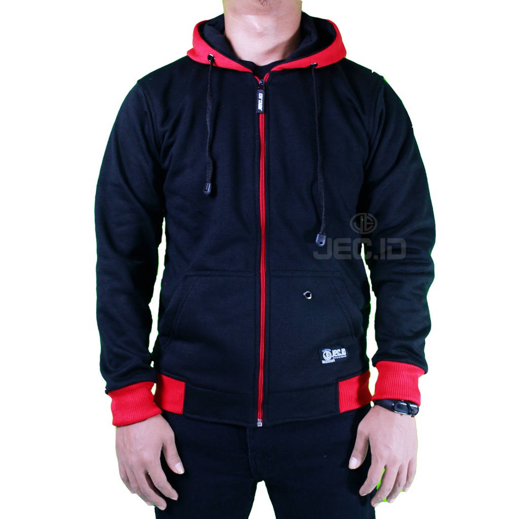 Jaket Hoodie Polos Hitam Zipper Merah Ori Jec Premium Sweater