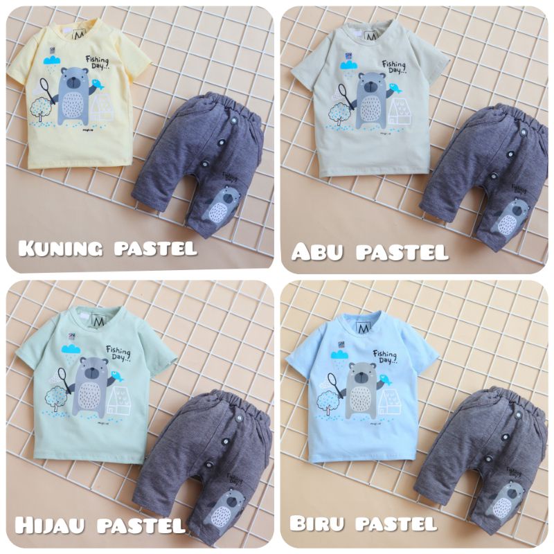 Setelan Baju Anak Bayi Laki-laki Warna Pastel Bahan Katun Adem Usia 6 bulan - 1 tahun