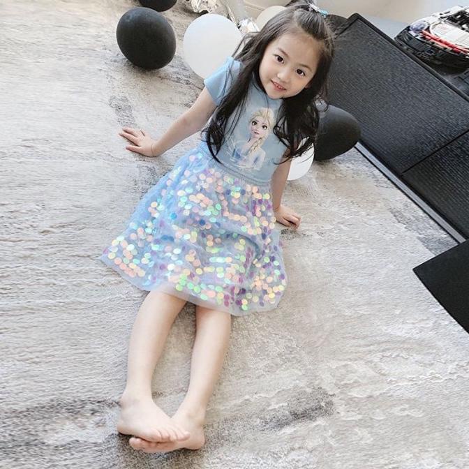 Elsa Sequin Dress. Baju Anak Cewek Frozen Biru Pink Princess Casual Termurah