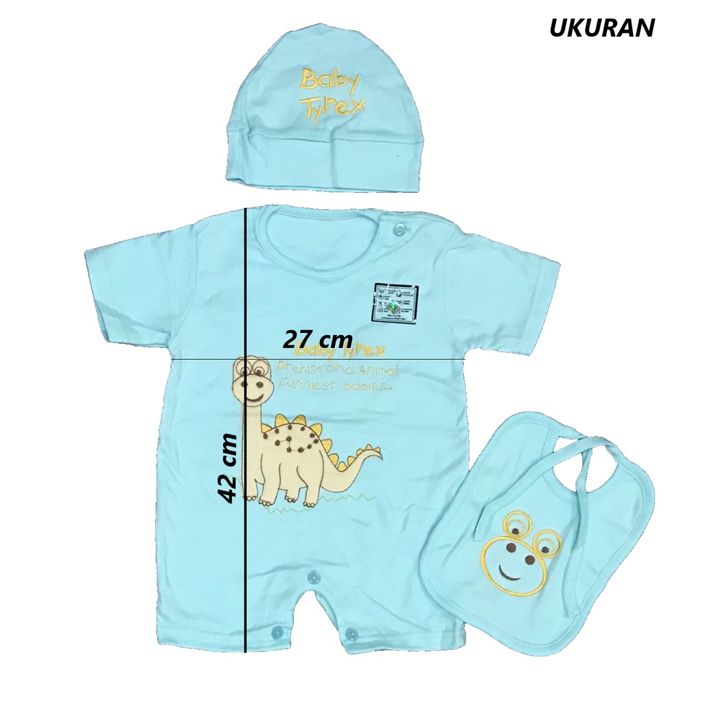 Babysmart - Baju Bayi model Jumper/Romper lengan PENDEK+Topi+Celemek motif TYREX MOM'S GIFT 0-12 bulan