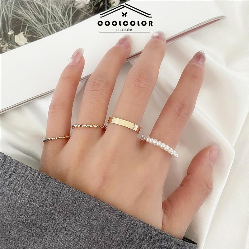 Murah❤️4 Pcs/Set Korea Wanita Mutiara Cincin Wanita Emas Cincin Logam Set Fashion Perhiasan Aksesoris- cl