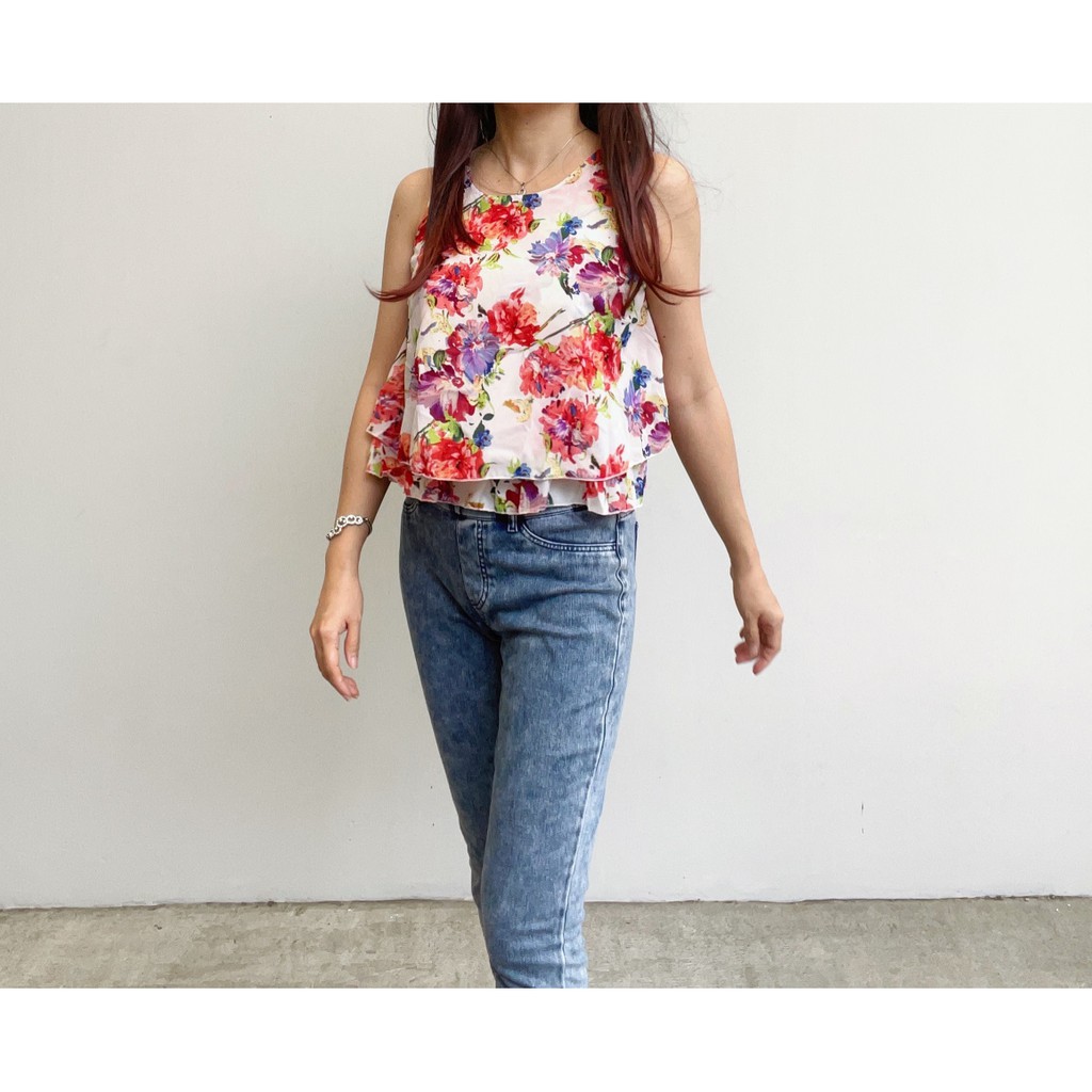 SL120 - Baju Atasan Tank Top Chiffon Flower Korean