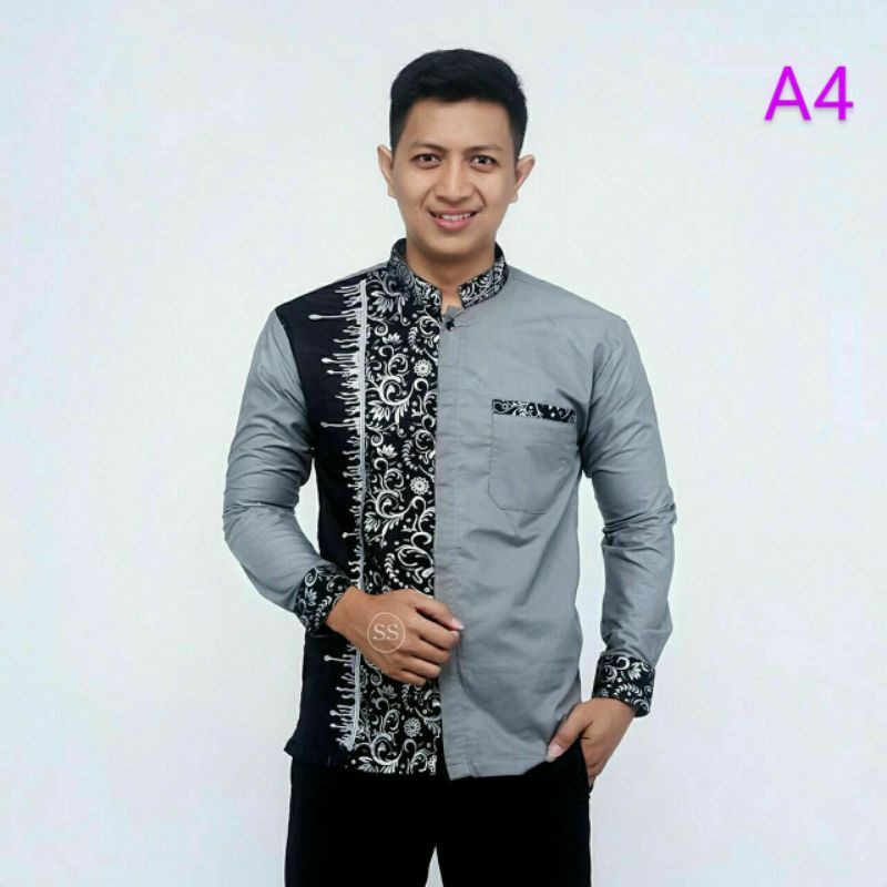 Baju Koko Pria Lengan Panjang Baju Batik Kekinian Kombinasi Bordir Matt Katun Terbaru