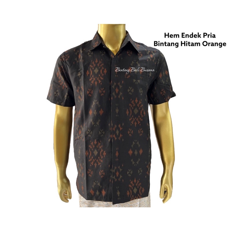 Kemeja Endek Bali Katun Pria Laki Laki Lengan Pendek motif Bintang Hitam Orange