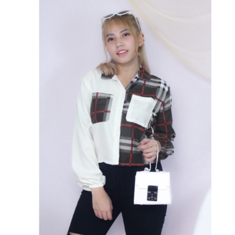 RX Fashion - Mika Crop Top Blouse // Shirt Top Tartan Two Tone // Kemeja Olive ( SPECIAL SALE - GRATIS ONGKIR )  - GA-4