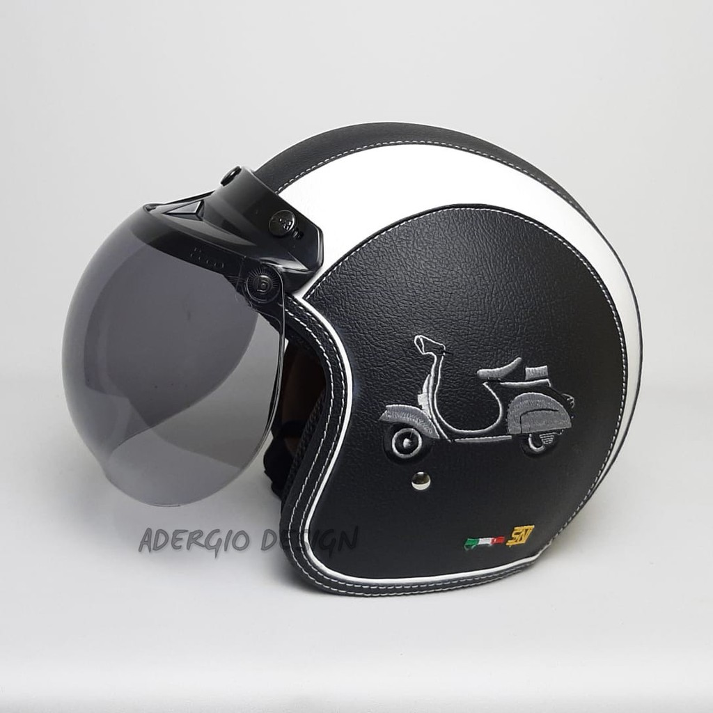 Helm Bogo Dewasa SNI Kaca Bogo Ori FKB Vespa Hitam List Putih