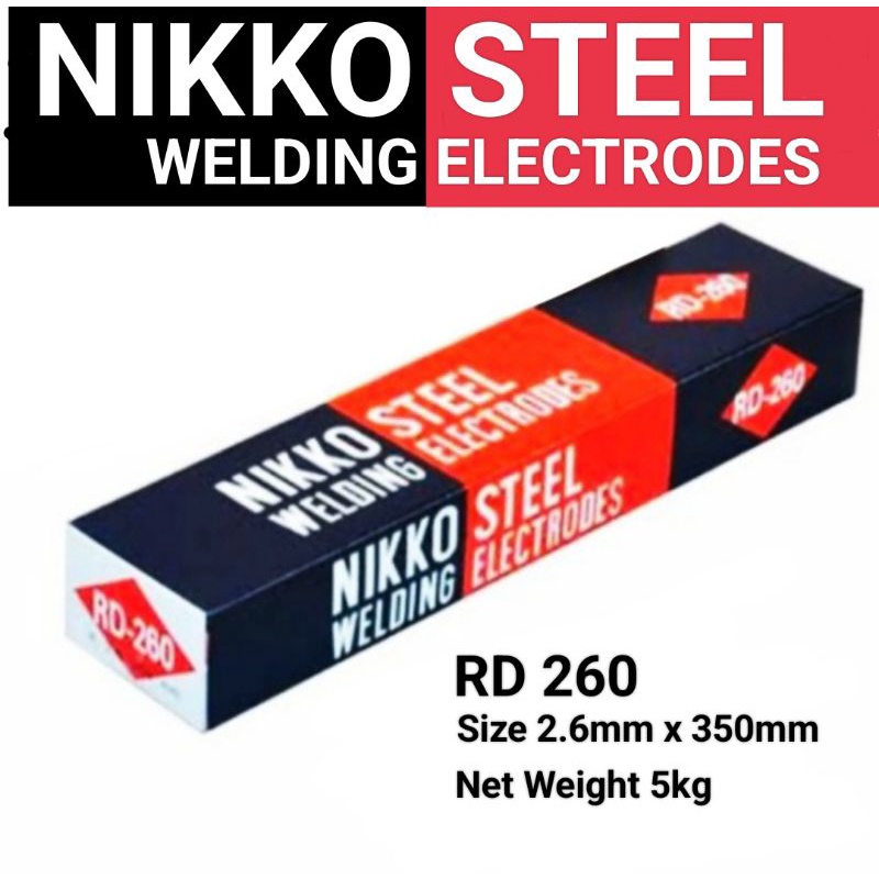 Kawat Las Nikko Steel RD 260 ukuran 2.6mm x 350mm kemasan dus isi 5kg