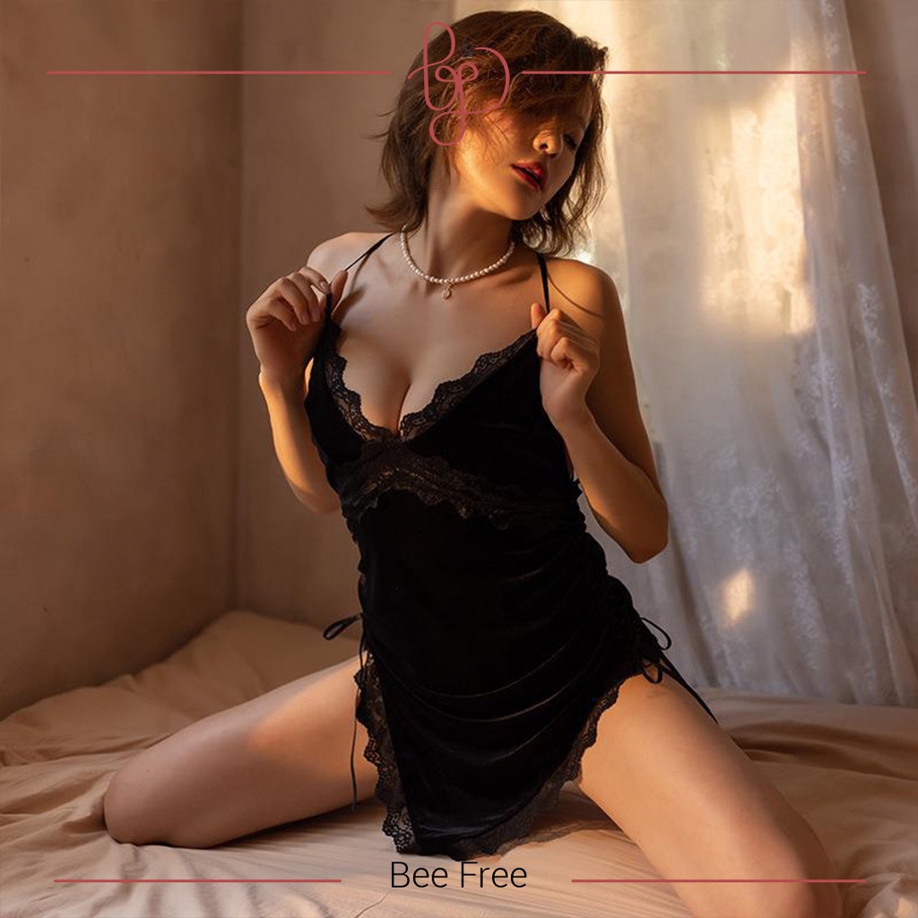 LESYA Lingerie Dress Seksi Renda Velvet Baju Premium Babydoll Cewe Pakaian Dalam Terbaru Dinas Depan Suami Sleepwear G-string Termurah Baju Malam Pertama Bikini Terbaru Pakaian Dalaman Baju Tidur Wanita-Hitam