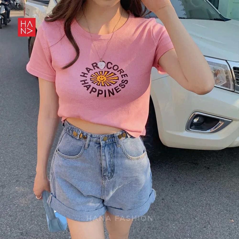 Hana Fashion - Hardcore Happiness Crop Top Kaos Crop Tee Lengan Pendek Wanita - CT047