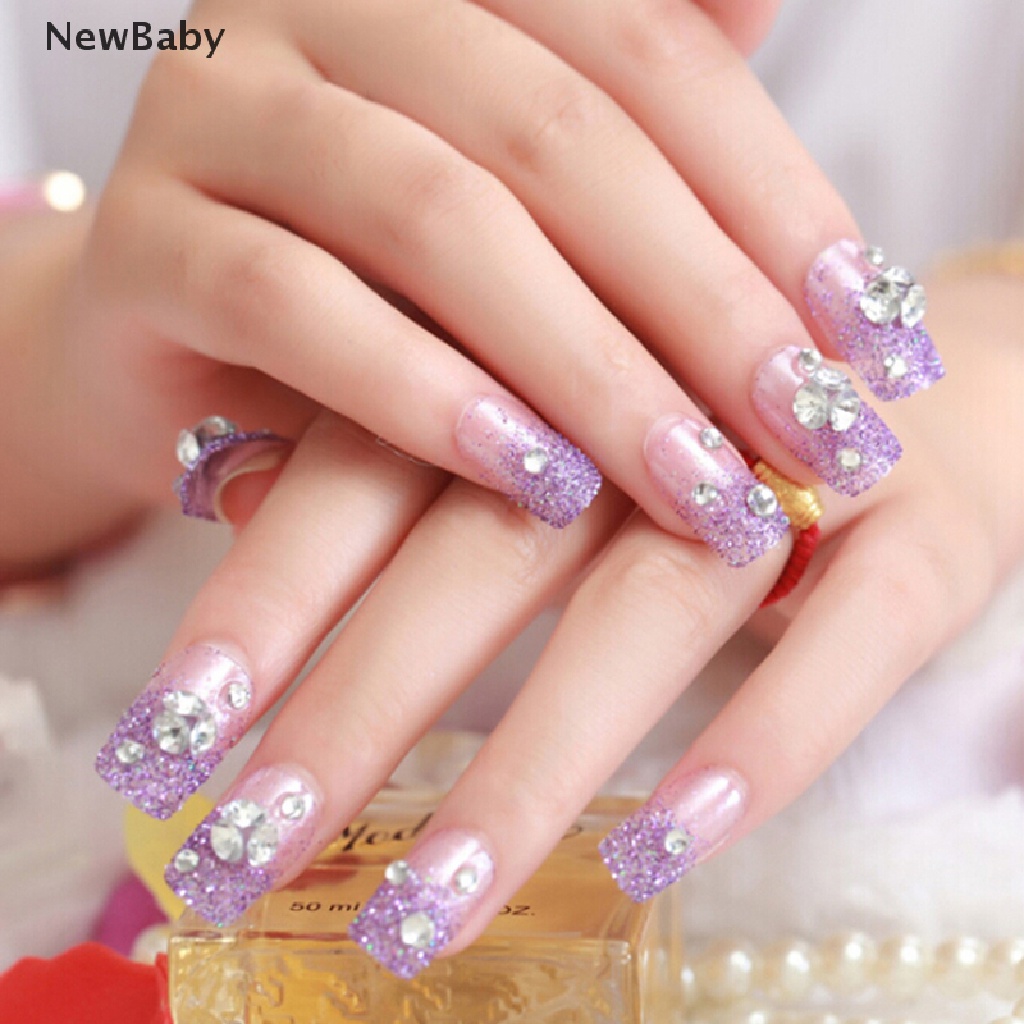 24pcs Kuku Palsu Akrilik Full Cover Warna Ungu Untuk Manicure