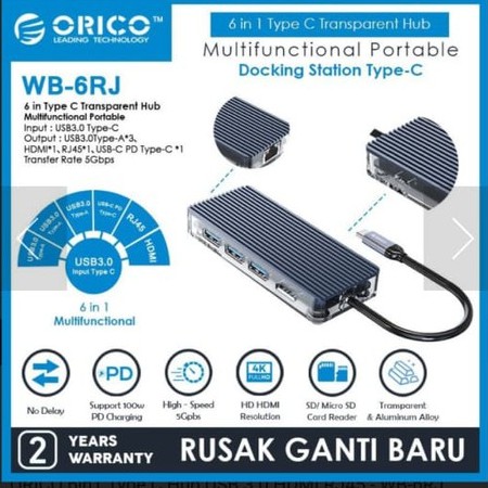 ORICO 6in1 Type C Hub USB 3.0 HDMI RJ45-WB-6RJ