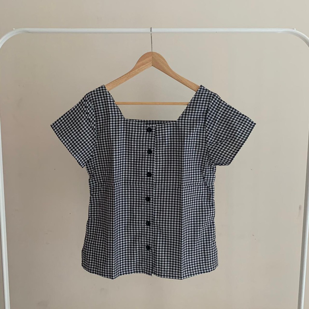 Blouse wanita / cewek atasan motif katun kotak lengan pendek pergi hangout kekinian modis -425-1