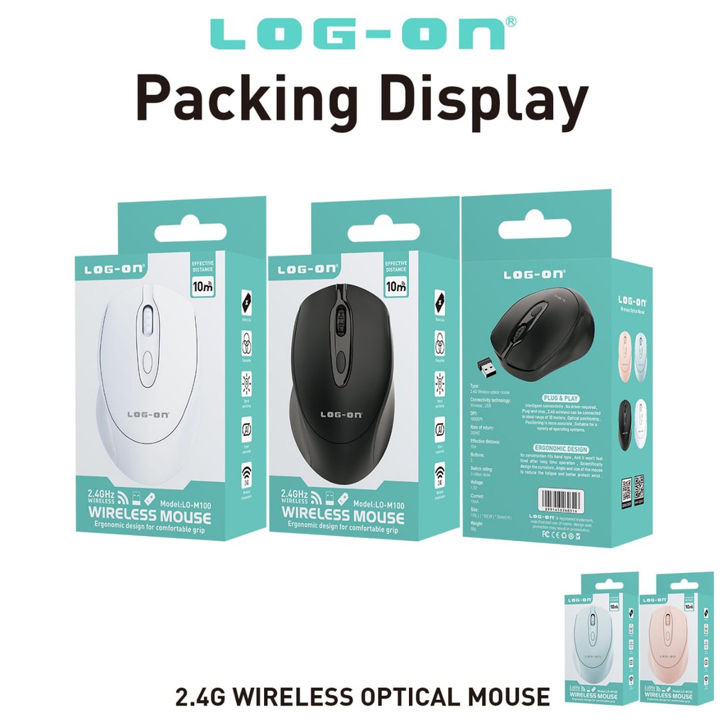 LOG ON MOUSE WIRELESS LO-M100 2.4Ghz Optical 1600DPI MOUSE LAPTOP/PC Sensitif &amp; Responsif