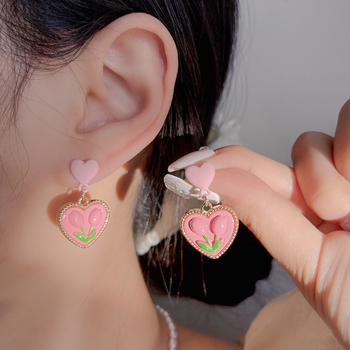 Anting Dan Kalung Liontin Mutiara Bentuk Babi Tulip Warna Pink Untuk Wanita