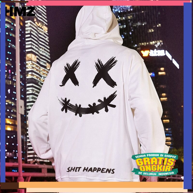 Jaket Sweater Hoodie Estetik Shit Happines Putih  Pria Wanita jumpper Hoodie polos Kualitas Distro/h