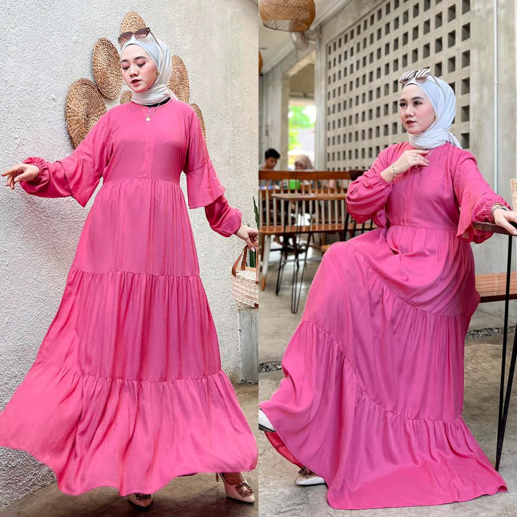 Riana Gamis Wanita Rayon Viscose Premium Dress Wanita Lengan Panjang Ruffle Terompet Longdress Bunga LD 110 cm